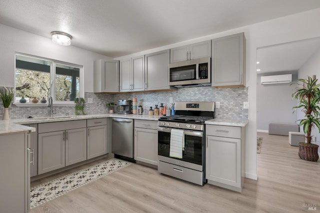 kitchen with sink, a wall mounted AC, gray cabinetry, stainless steel appliances, and light wood-type flooring