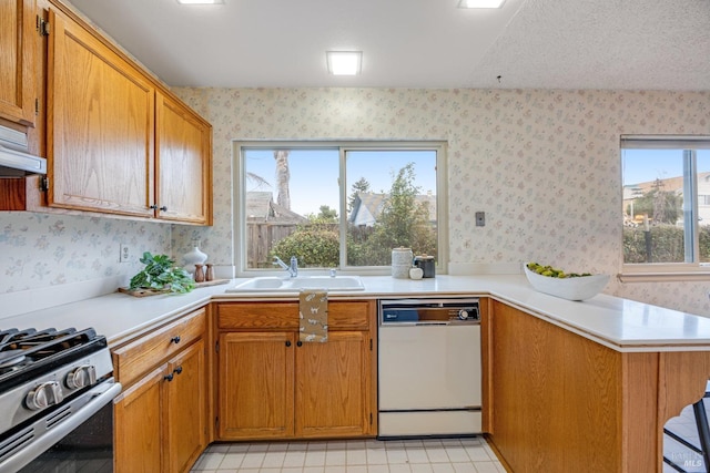 kitchen with white dishwasher, sink, gas stove, and kitchen peninsula