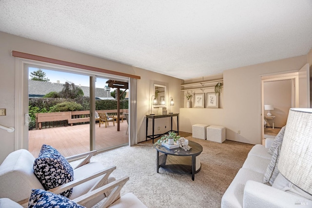 living room featuring light carpet and a textured ceiling