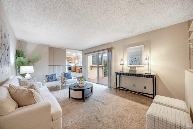 carpeted living room with a textured ceiling