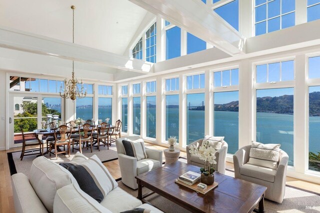 335 Golden Gate Ave, Belvedere, CA 94920 - sunroom / solarium with a water view, a chandelier, and lofted ceiling