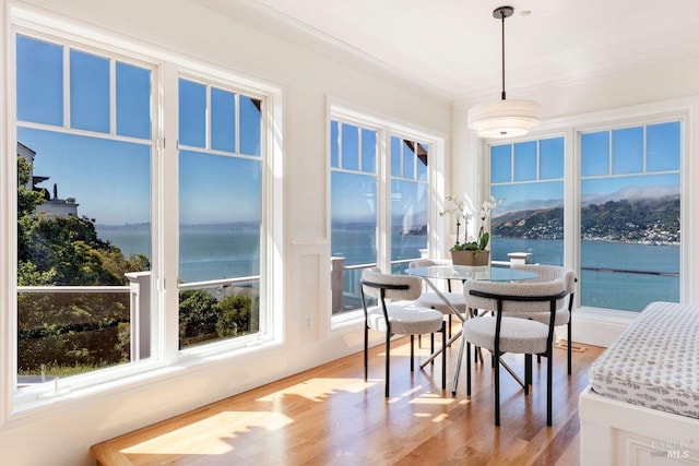 sunroom with a water view