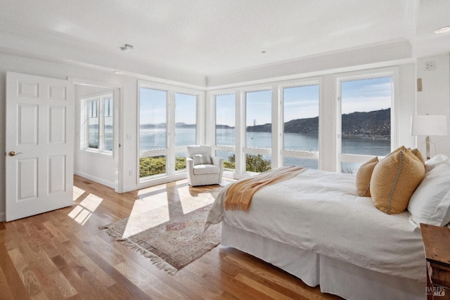 bedroom with access to exterior, multiple windows, a water view, and light wood-style floors