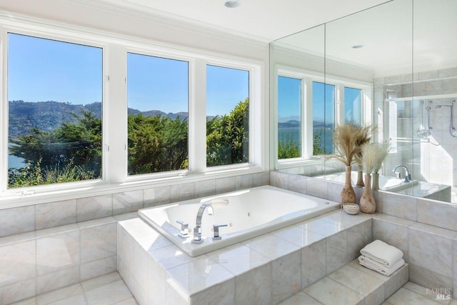 bathroom featuring ornamental molding and tiled bath