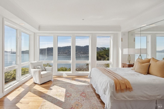 bedroom with a water view and light wood-style floors