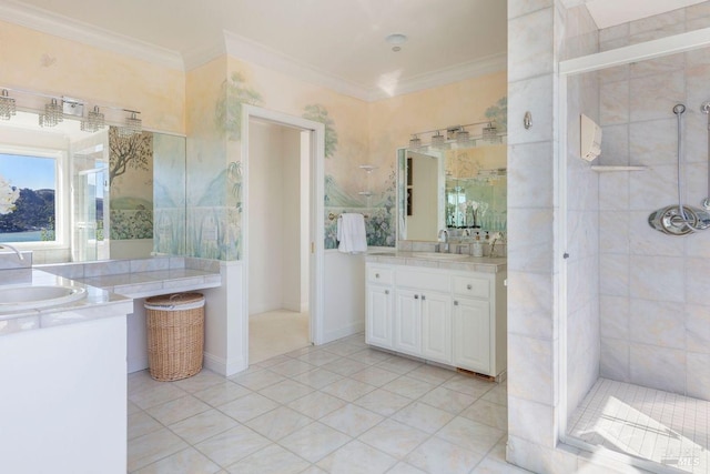 bathroom featuring vanity, tile patterned floors, ornamental molding, and a tile shower