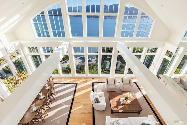 living room featuring a water view, hardwood / wood-style floors, and a high ceiling