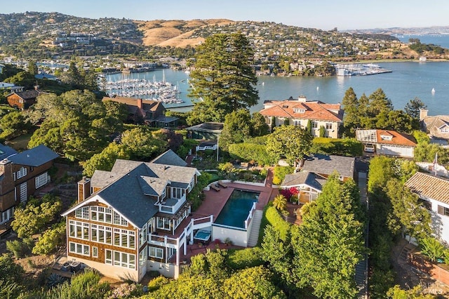 aerial view featuring a water view