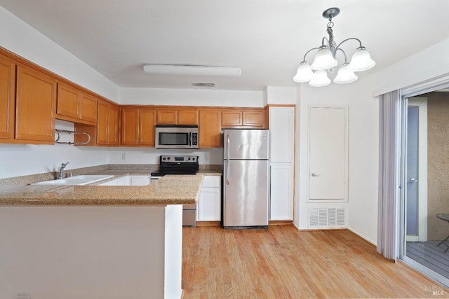 kitchen featuring appliances with stainless steel finishes, sink, hanging light fixtures, kitchen peninsula, and light wood-type flooring