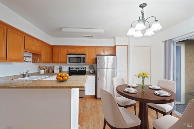 kitchen featuring sink, light hardwood / wood-style flooring, appliances with stainless steel finishes, hanging light fixtures, and kitchen peninsula