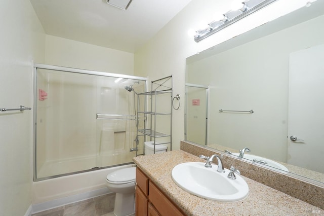 full bathroom featuring enclosed tub / shower combo, vanity, and toilet