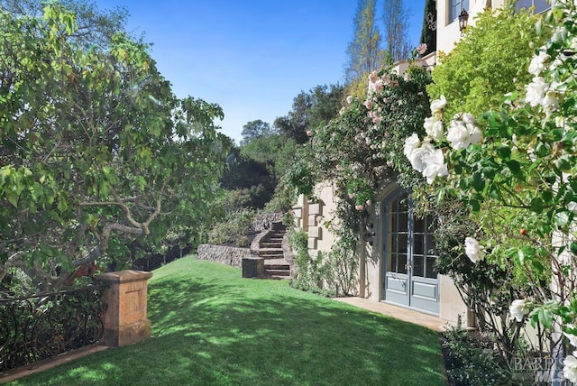 view of yard featuring french doors
