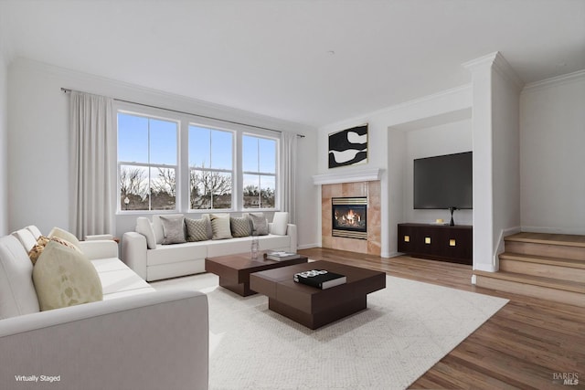 living room featuring hardwood / wood-style flooring, crown molding, and a fireplace