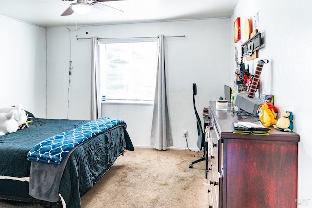 bedroom with light colored carpet and ceiling fan