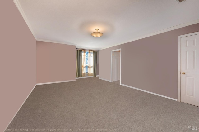 empty room with carpet floors, crown molding, and baseboards