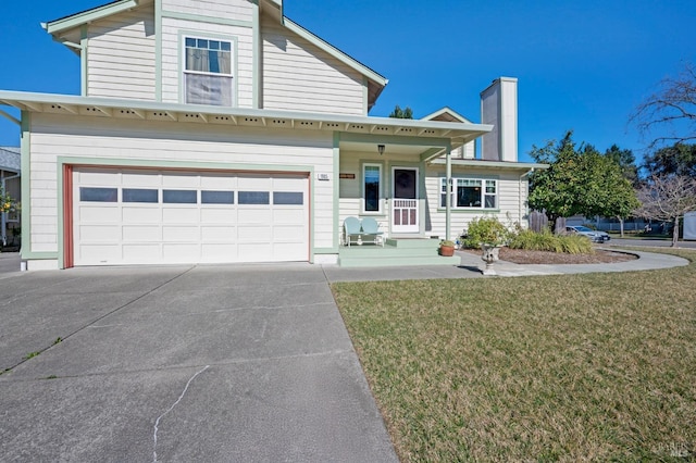 view of front facade with an attached garage, driveway, a chimney, and a front yard