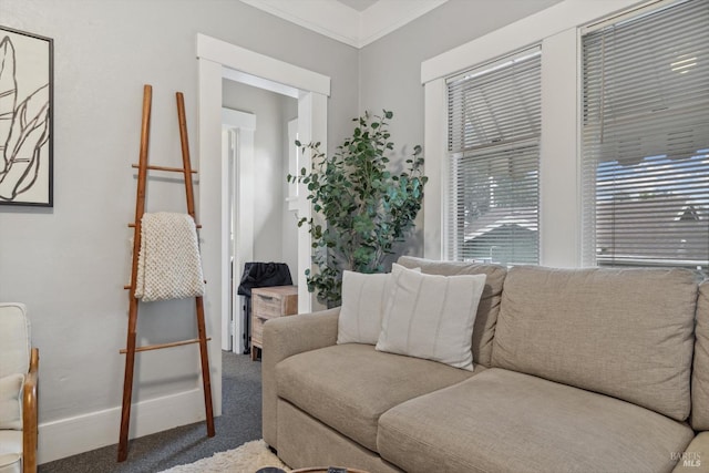 carpeted living room with ornamental molding