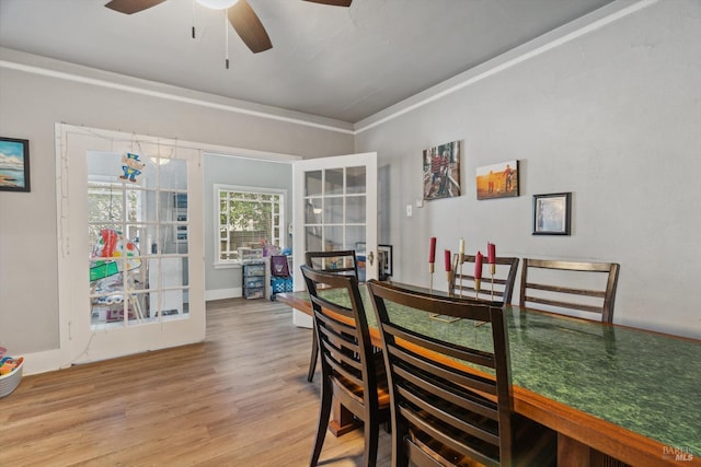 dining area featuring ceiling fan, wood-type flooring, and ornamental molding