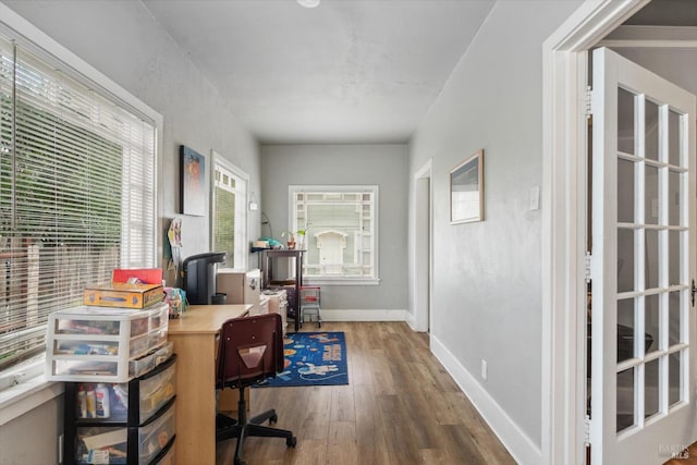 office space with dark hardwood / wood-style flooring