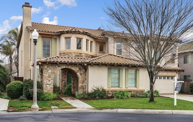 view of front of home featuring a chimney, stucco siding, concrete driveway, an attached garage, and stone siding