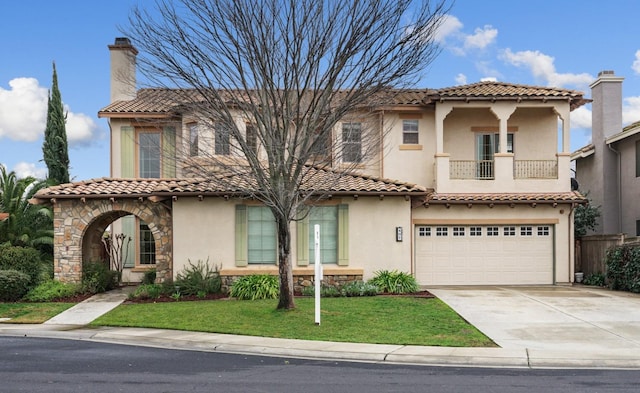 mediterranean / spanish-style house featuring concrete driveway, a chimney, a balcony, and stucco siding