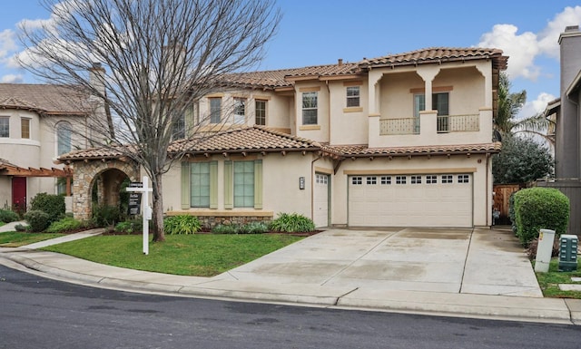 mediterranean / spanish-style house featuring an attached garage, a balcony, concrete driveway, stone siding, and stucco siding