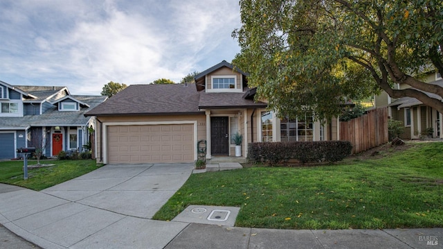 view of front of property featuring concrete driveway, a front lawn, an attached garage, and fence