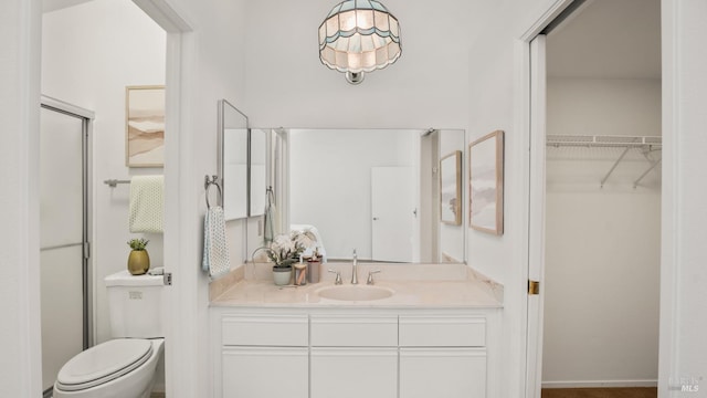 bathroom featuring toilet, vanity, a shower stall, and a spacious closet