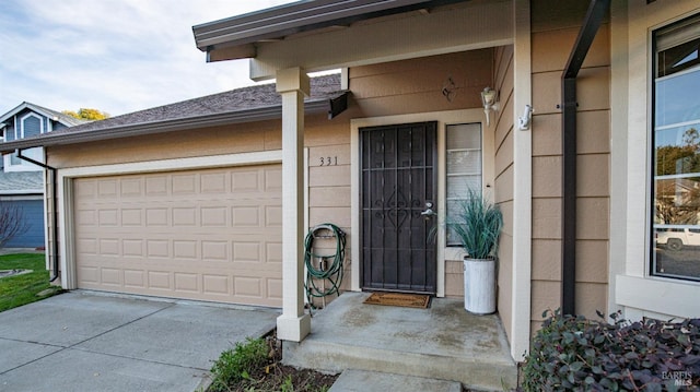 view of exterior entry featuring concrete driveway and an attached garage