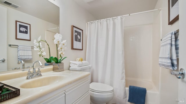 full bathroom with toilet, visible vents, shower / bath combination with curtain, and vanity