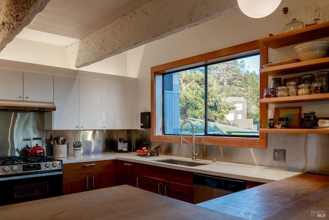 kitchen featuring open shelves, a sink, decorative backsplash, stainless steel appliances, and under cabinet range hood