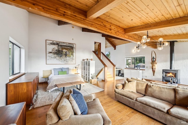 living room featuring wood finished floors, lofted ceiling with beams, a wood stove, stairs, and wooden ceiling