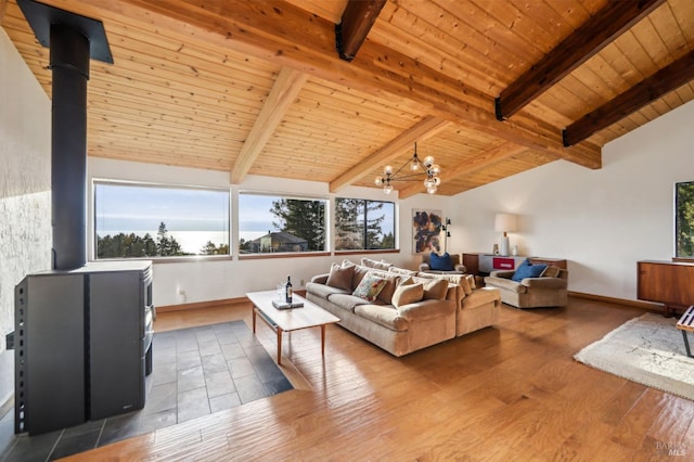 living area featuring wood finished floors, baseboards, vaulted ceiling with beams, wooden ceiling, and a chandelier