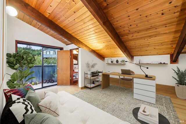 office area with lofted ceiling with beams, wood finished floors, and wooden ceiling