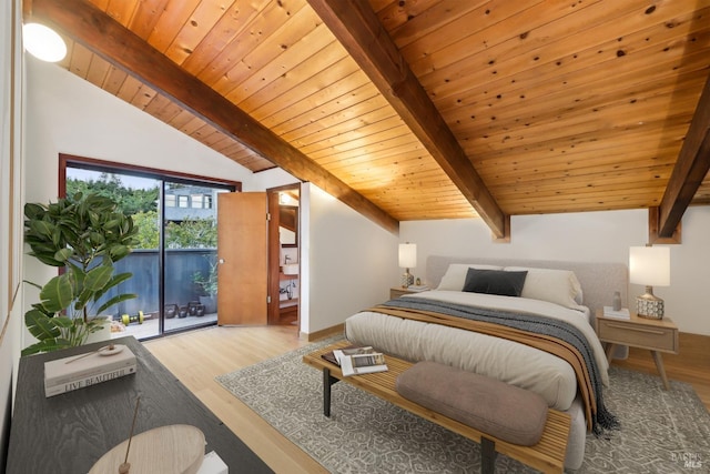 bedroom featuring wood ceiling, lofted ceiling with beams, access to outside, and wood finished floors