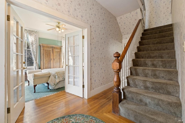825 N Forbes St, Lakeport, CA 95453 - staircase featuring wood-type flooring, french doors, and ceiling fan