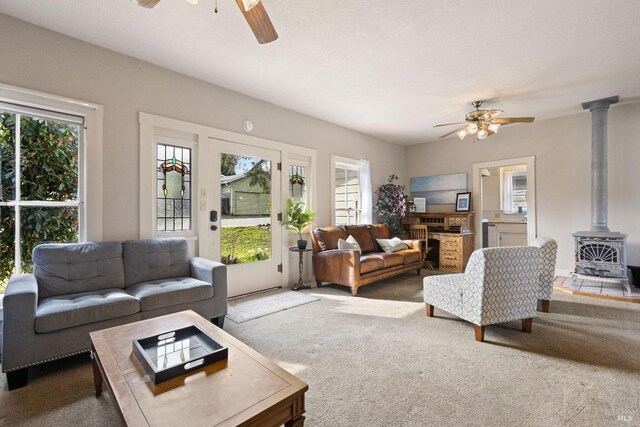 825 N Forbes St, Lakeport, CA 95453 - living room featuring ceiling fan, carpet floors, and a wood stove