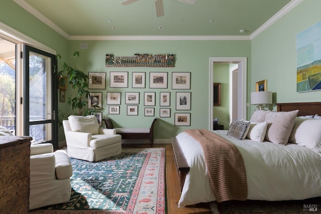 bedroom with ceiling fan, ornamental molding, wood finished floors, and baseboards