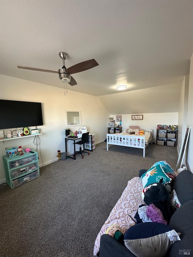 carpeted bedroom with lofted ceiling