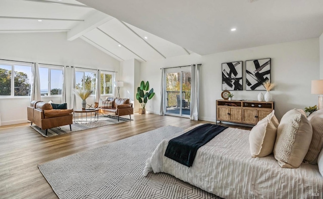 bedroom featuring access to exterior, high vaulted ceiling, beam ceiling, and light wood-type flooring