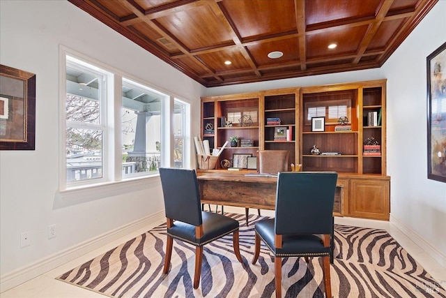 office featuring coffered ceiling and wooden ceiling