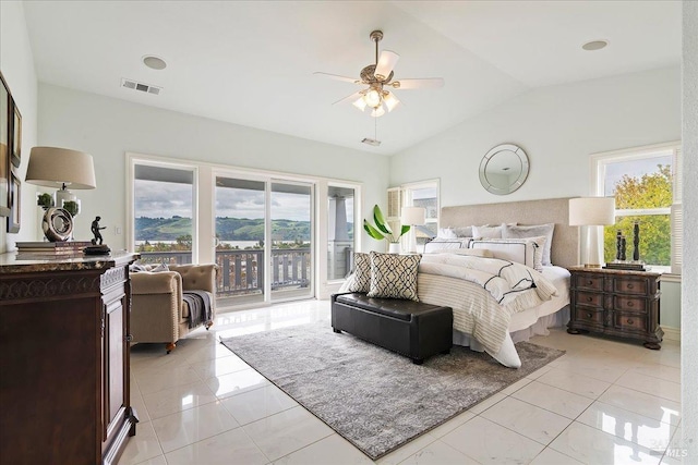 bedroom with lofted ceiling, access to outside, ceiling fan, and light tile patterned flooring