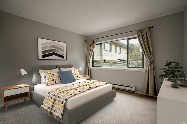 carpeted bedroom featuring a baseboard radiator