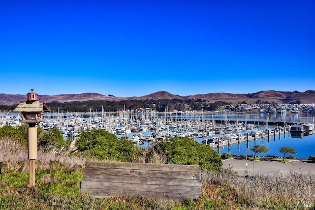 view of dock with a water and mountain view