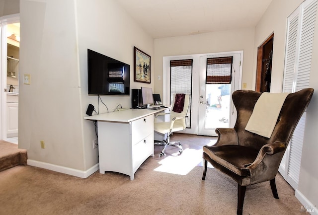 home office featuring sink and light colored carpet