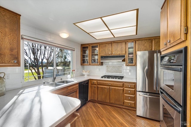 kitchen featuring decorative backsplash, appliances with stainless steel finishes, sink, and light hardwood / wood-style flooring