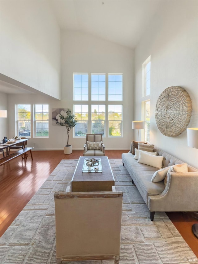 living room featuring high vaulted ceiling and light wood-type flooring