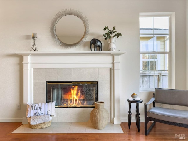 details featuring a fireplace and hardwood / wood-style floors