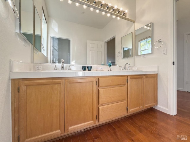 bathroom with vanity and hardwood / wood-style floors