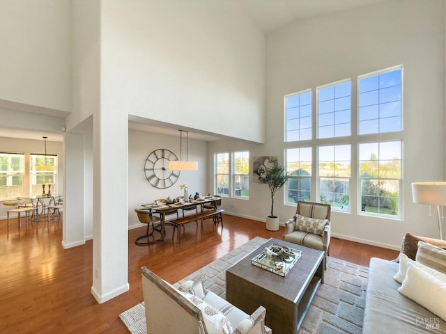 living room with a towering ceiling and hardwood / wood-style floors